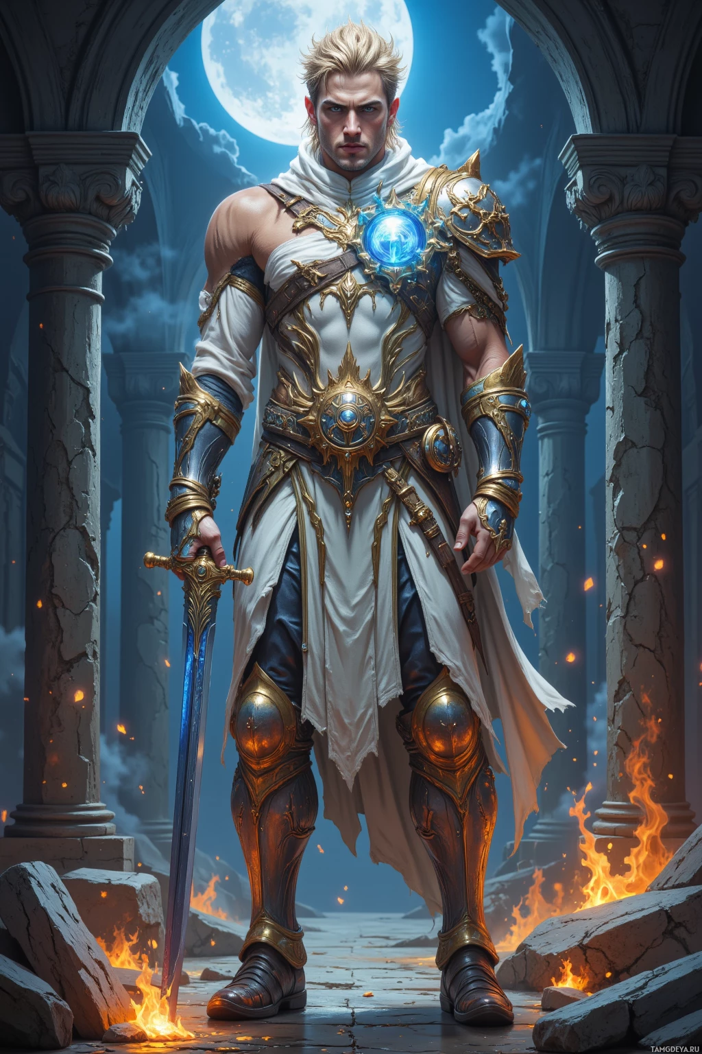 Рыцарь в богато украшенных доспехах стоит в древнем храме, залитом лунным светом.