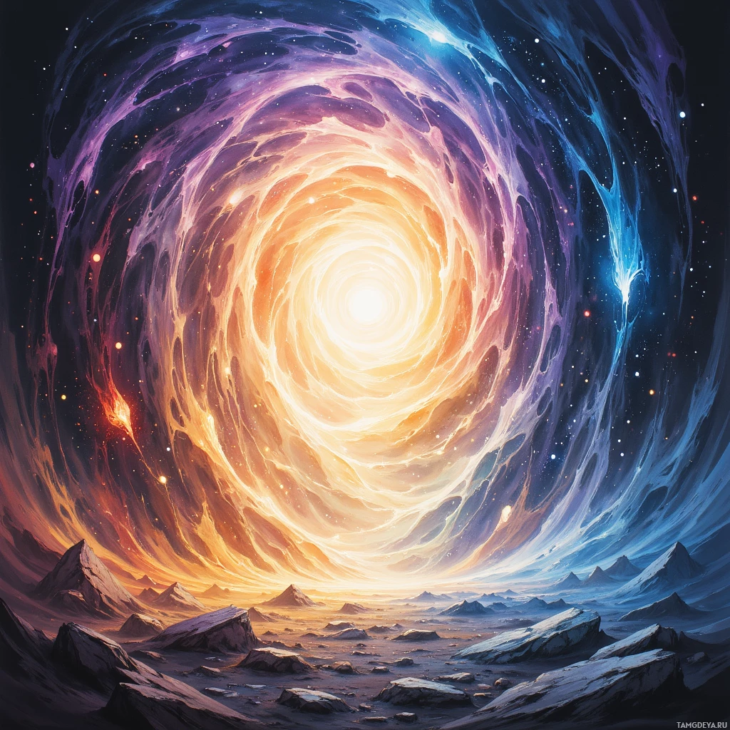 Космический пейзаж с закрученной галактикой, насыщенной яркими цветами, и каменистым ландшафтом внизу.