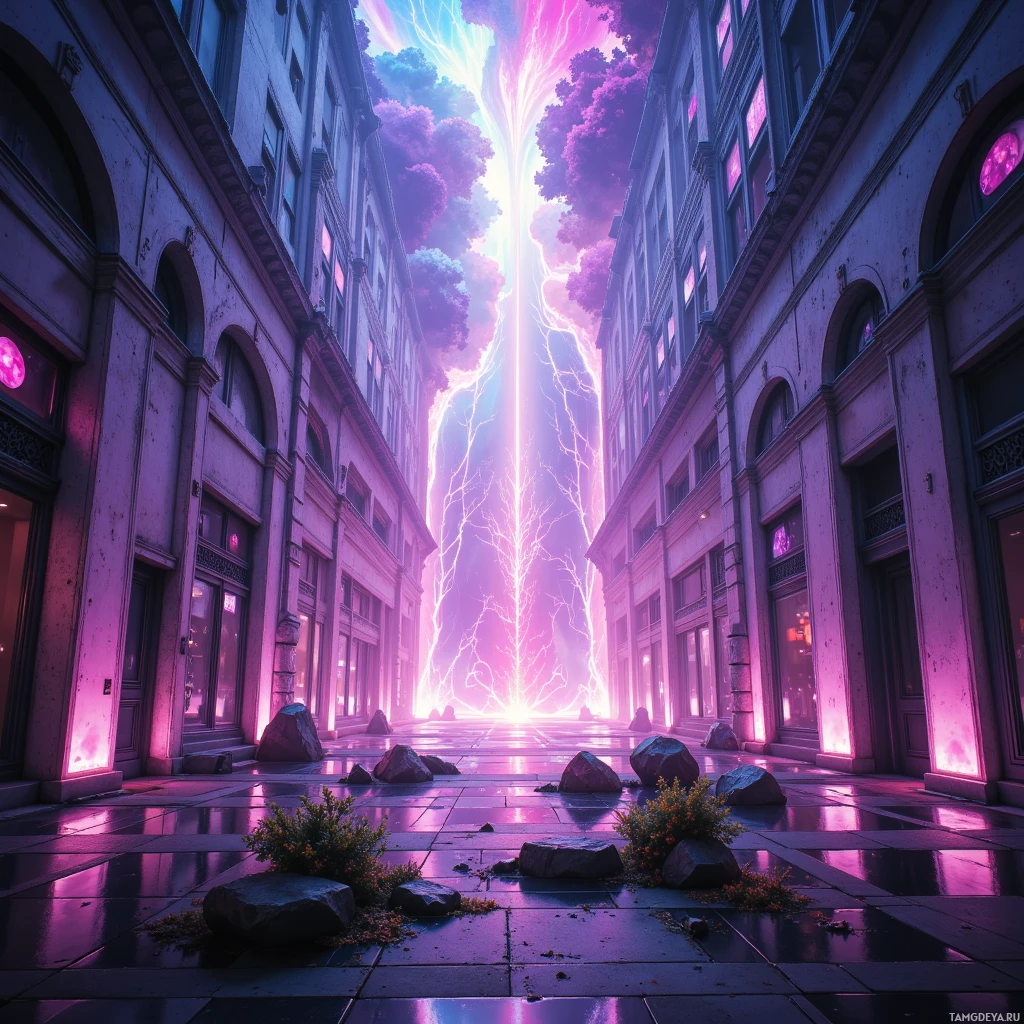 Городская улица, обрамленная зданиями, с яркой, светящейся трещиной в небе, излучающей свет и энергию.