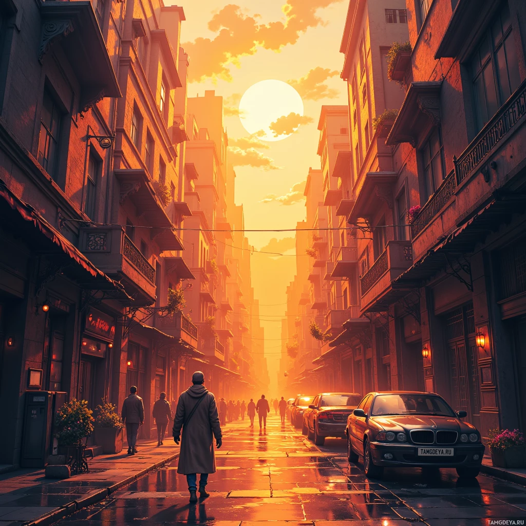 Улица, залитая тёплым, золотистым солнечным светом, с людьми, идущими по ней, и припаркованными машинами вдоль тротуаров.