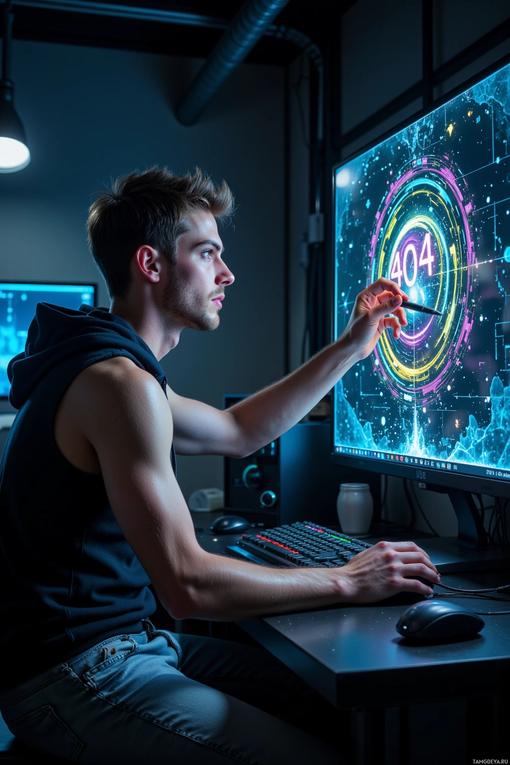 Человек взаимодействует с футуристическим компьютерным интерфейсом.