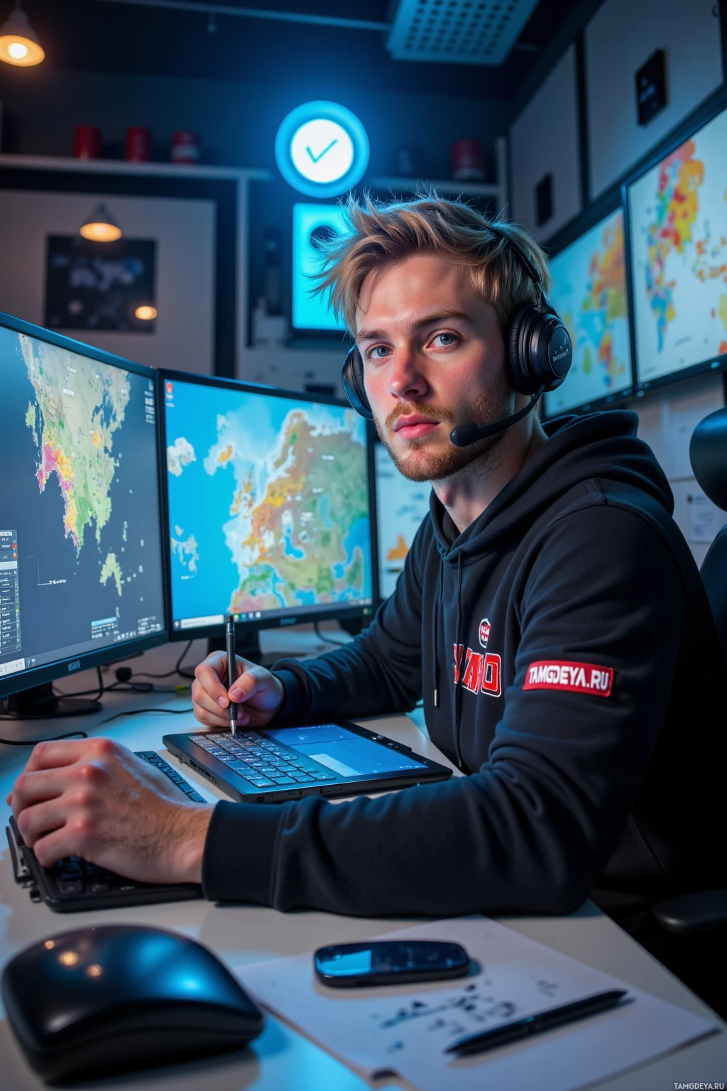 Человек в наушниках сидит за столом с несколькими мониторами, на которых отображаются карты, и использует планшет с ручкой.