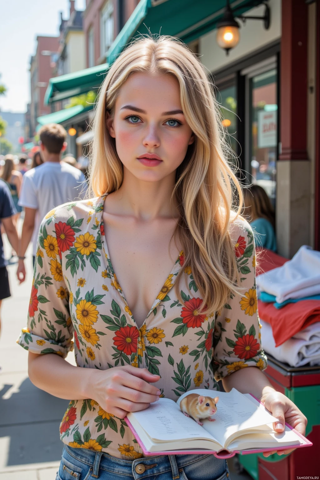 У девушки с длинными светлыми волосами, в цветочной блузке, на открытой книге сидит хомяк.