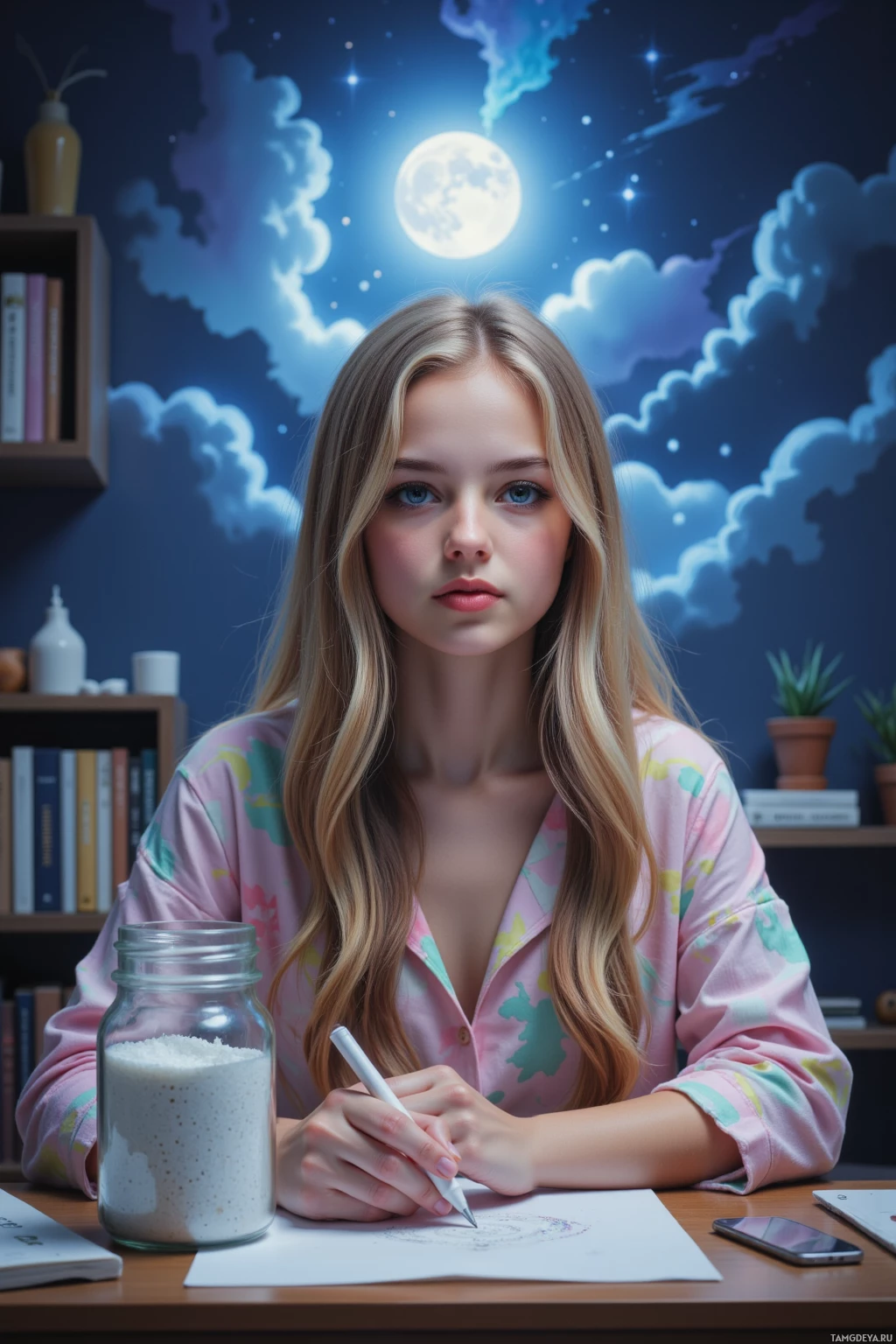 Молодой человек в пижаме сидит за столом и пишет ручкой, на заднем плане – ночное небо и луна.
