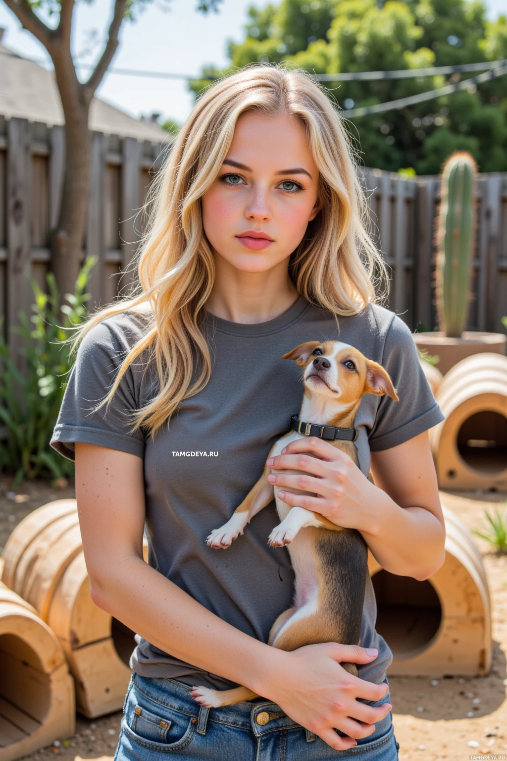 Человек держит маленькую собаку во дворе.