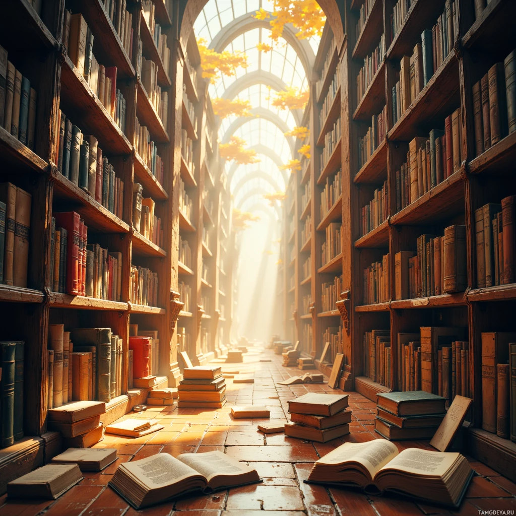 Солнечная библиотека с высокими стеллажами и рассыпанными открытыми книгами на полу.