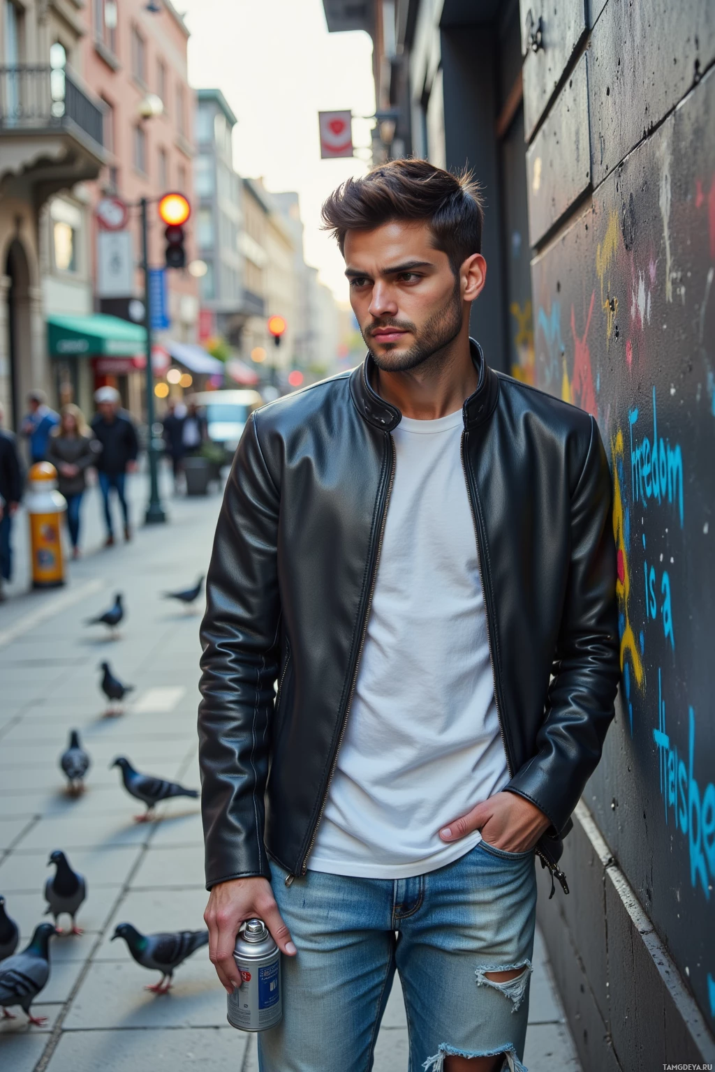 A man stands on a city street, wearing a leather jacket and jeans, holding a can.