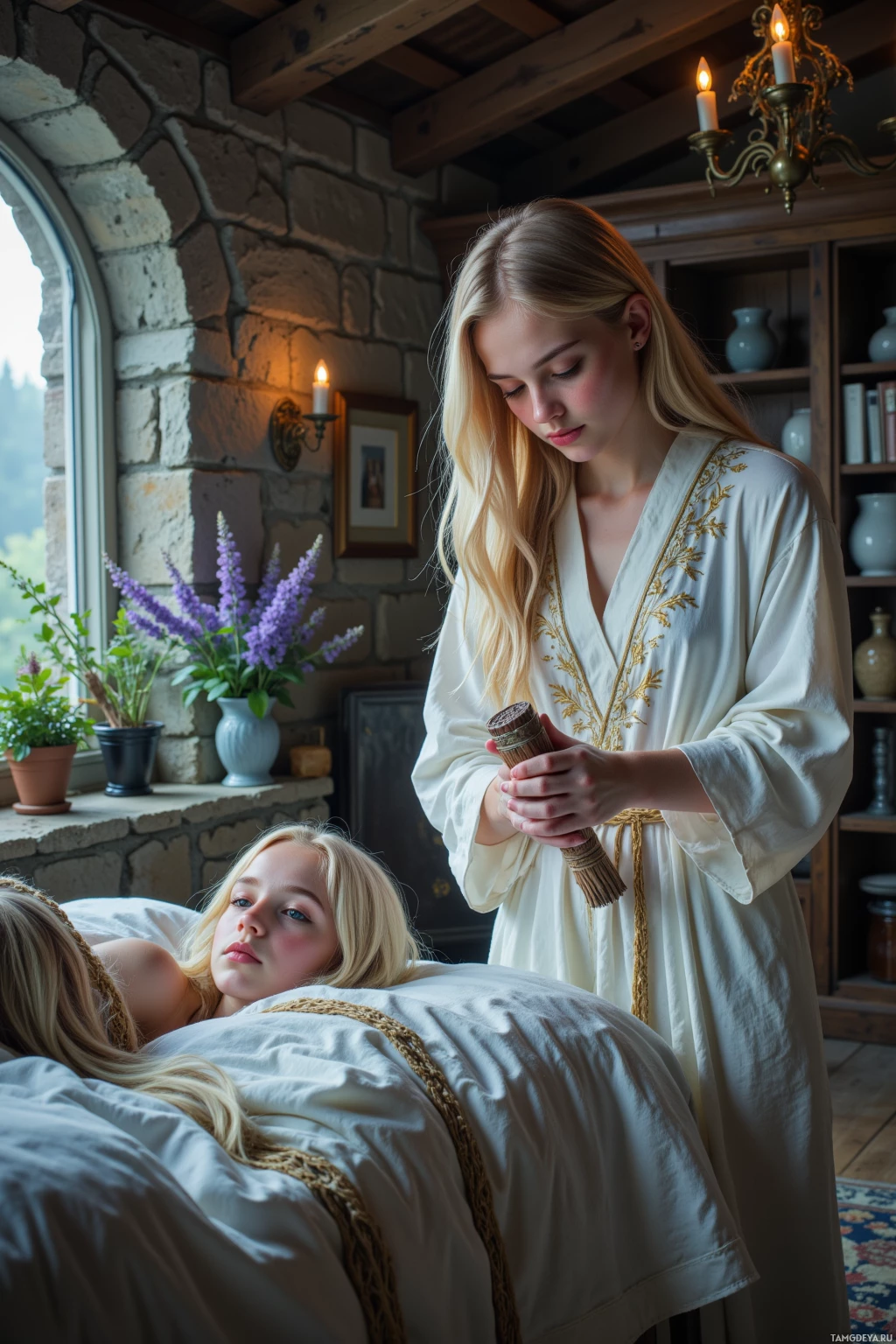 A woman in a white robe stands beside another woman lying on a bed, holding a small object.