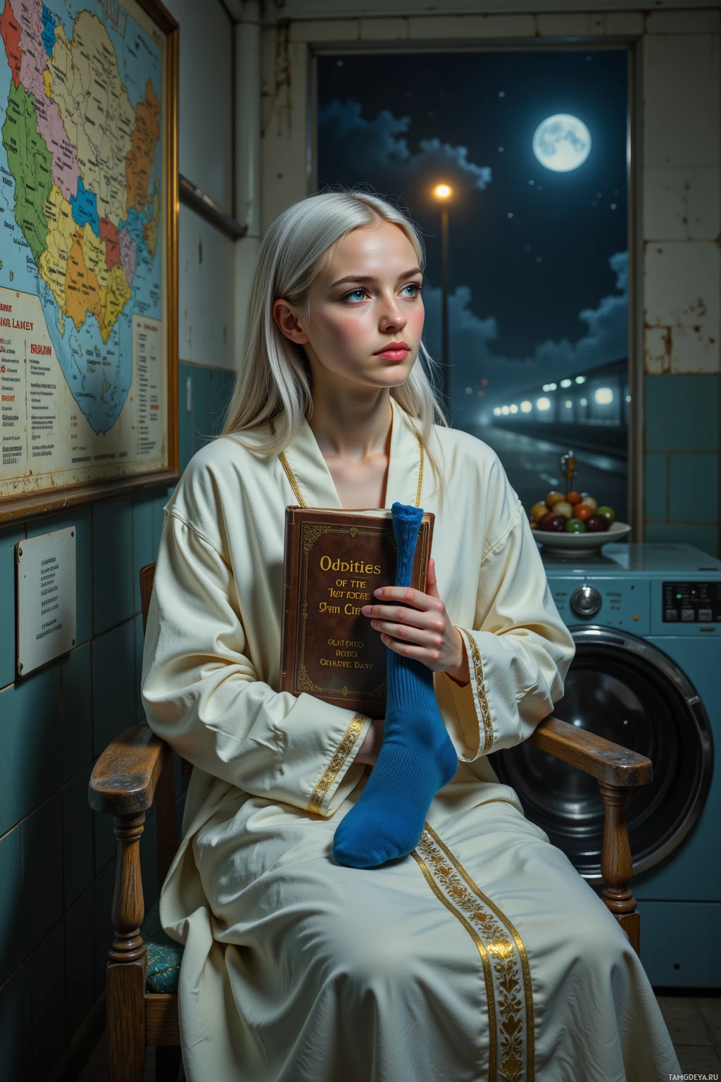 Человек в халате сидит в кресле, держа в руках книгу и синий носок, на фоне карты и ночного пейзажа.