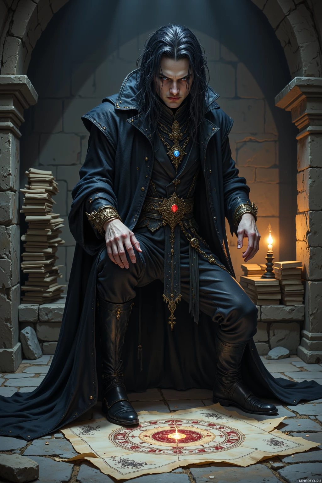 A man in a dark, ornate outfit sits in a dimly lit stone room with a glowing candle on the floor.