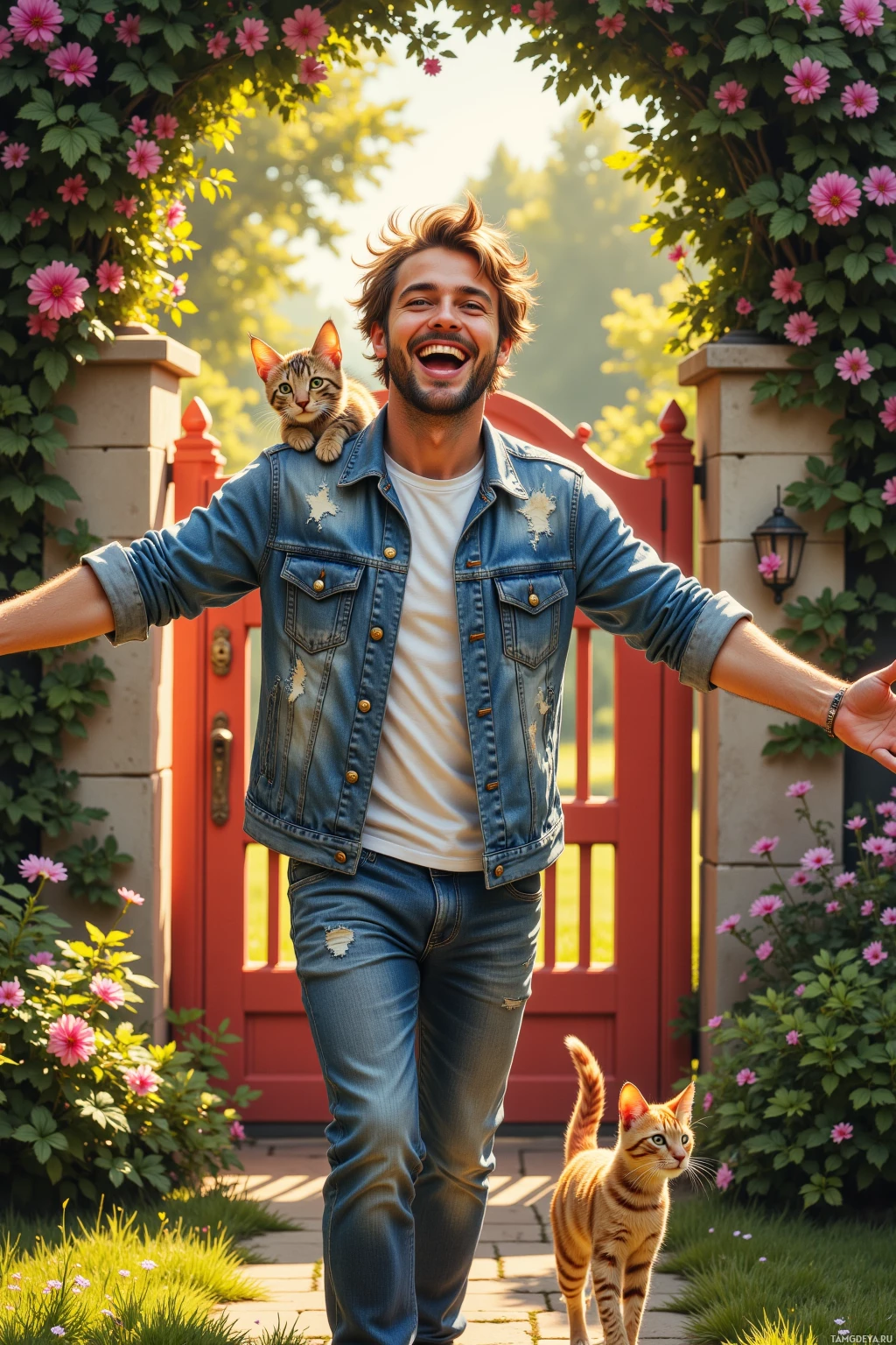 A man in a denim jacket and jeans stands in a garden with a cat on his shoulder.