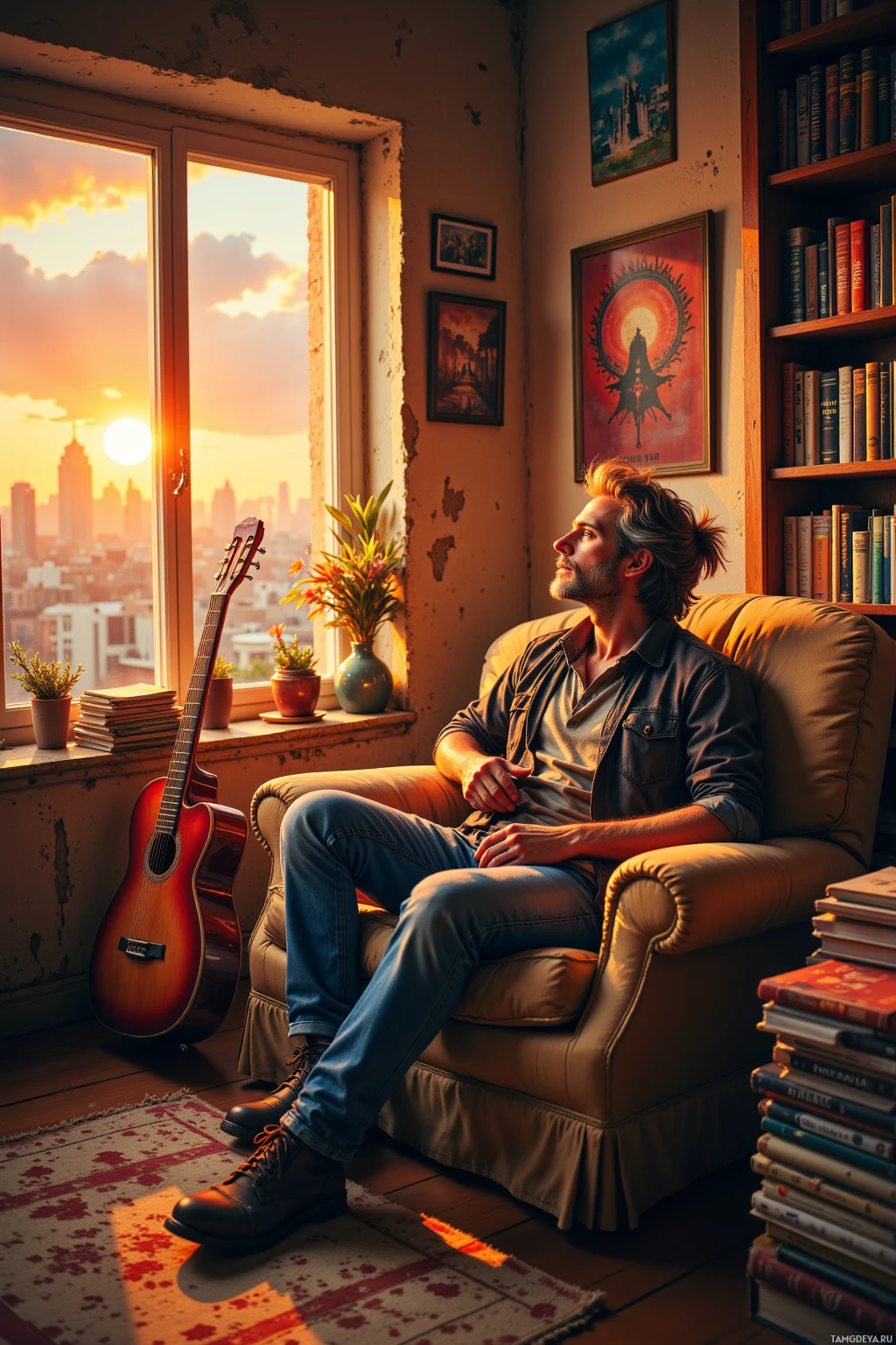 A man sits on a couch in a cozy room with a guitar, books, and a cityscape view through the window.