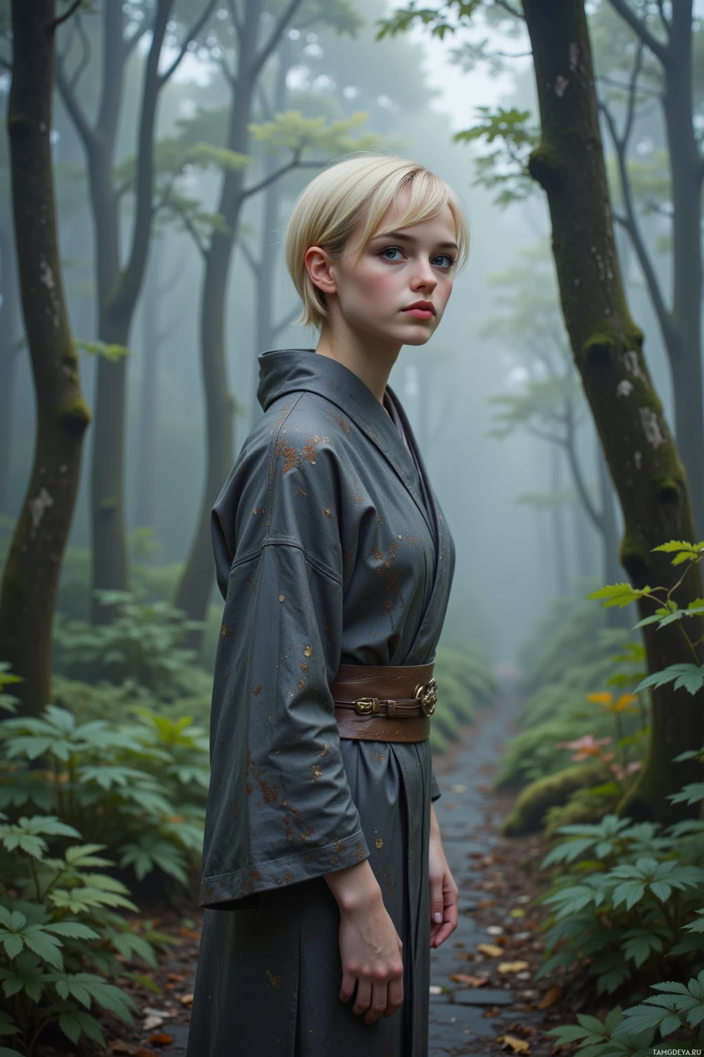 A person in a dark, embroidered robe stands in a misty forest.