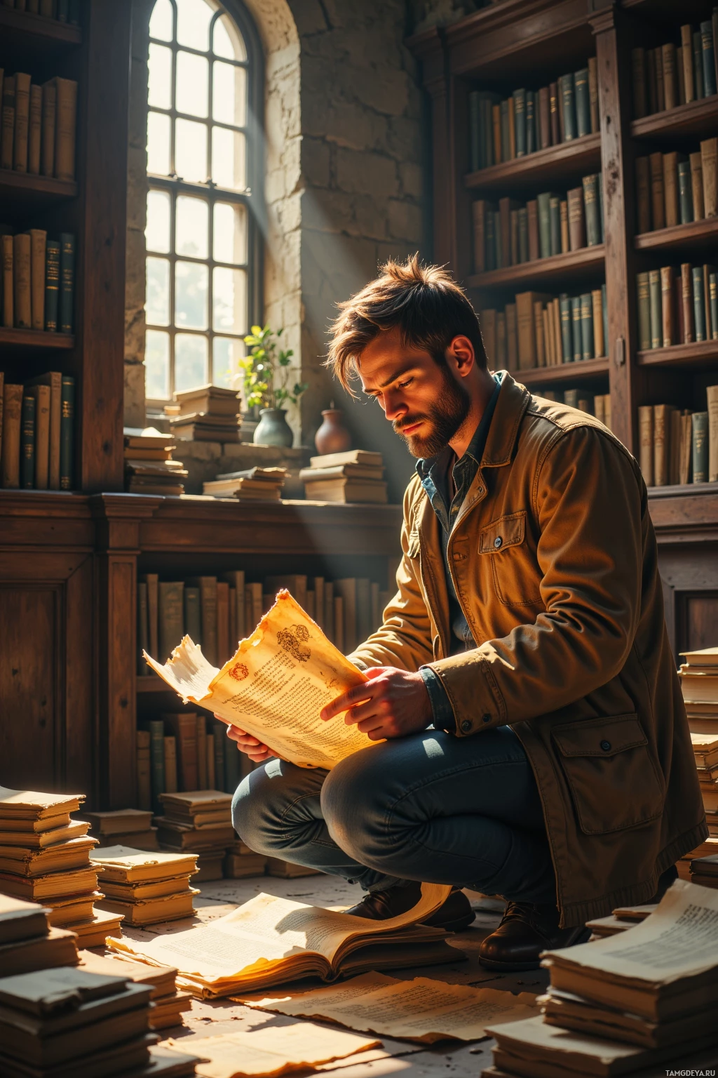 Мужчина сидит на корточках и читает старинную книгу в библиотеке, полной книжных полок.