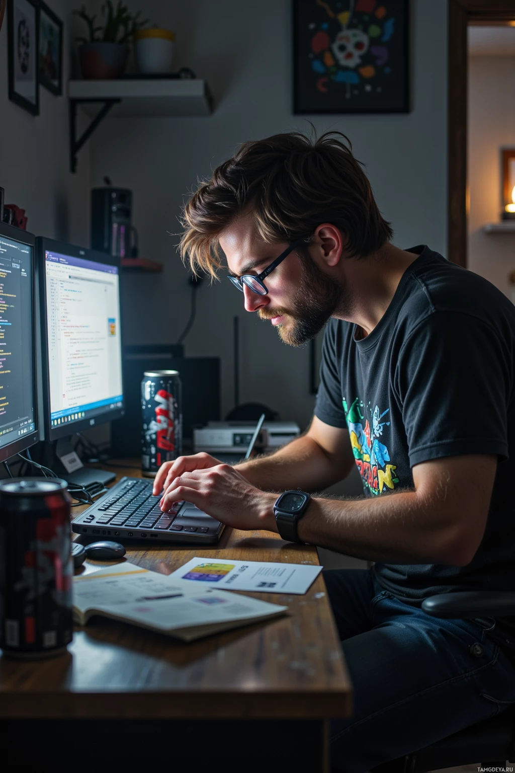 Человек работает за столом с ноутбуком и несколькими мониторами, вокруг – офисные принадлежности и банка с газировкой.
