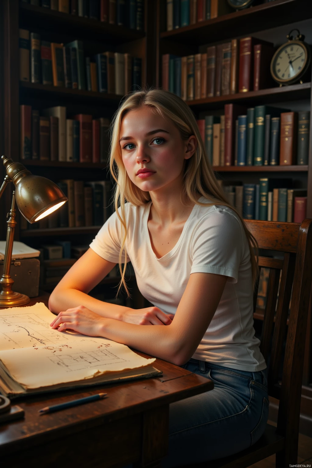 Молодая женщина сидит за столом в библиотеке, окружённая книгами, настольная лампа освещает рисунок на столе.