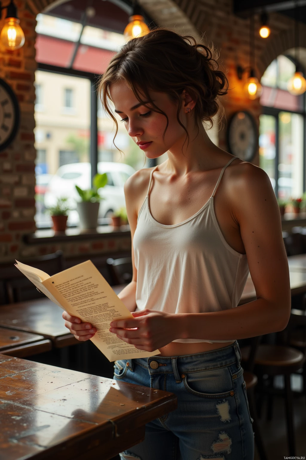 Женщина в белой майке и джинсах читает книгу в уютном кафе.