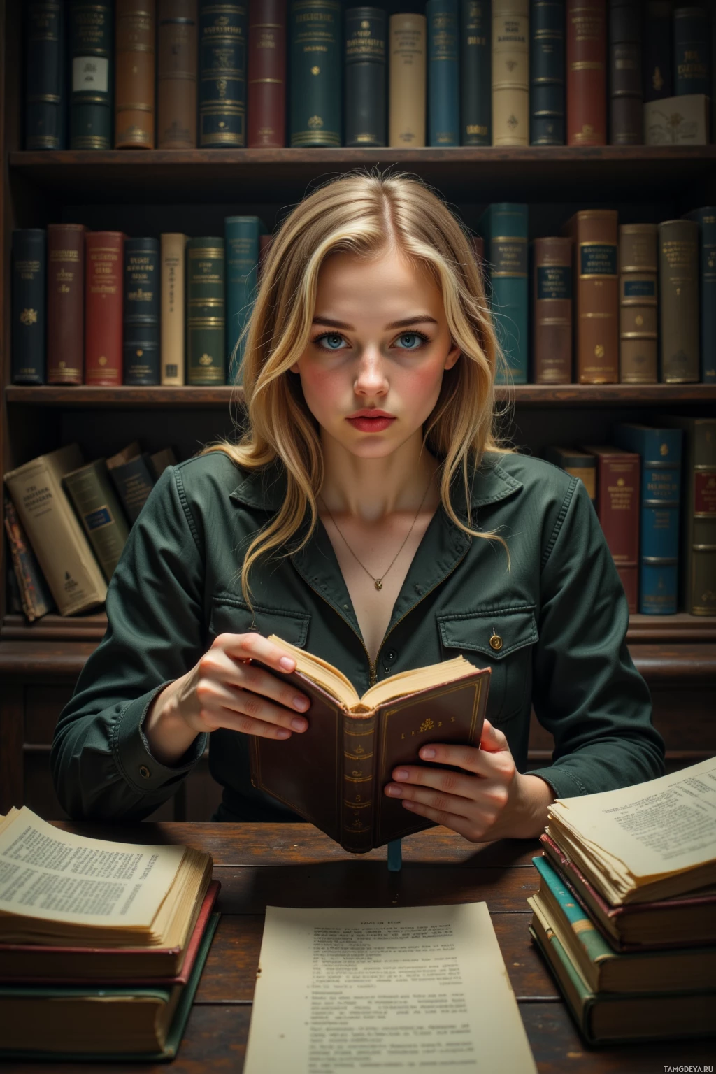 Человек в зеленой рубашке читает книгу перед книжной полкой.