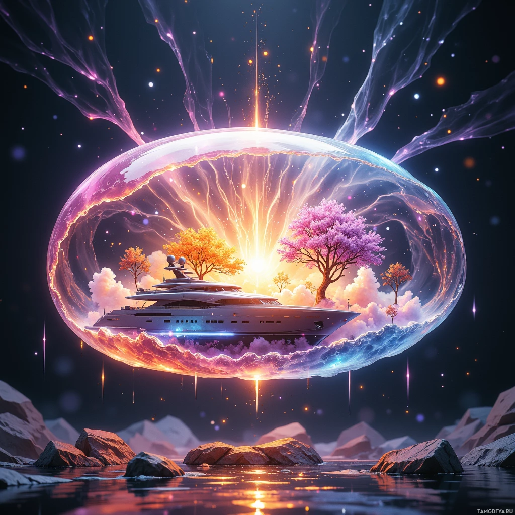 Футуристическая сцена: яхта, находящаяся внутри светящегося, неземного пузыря, окруженного яркими красками и космическими элементами.