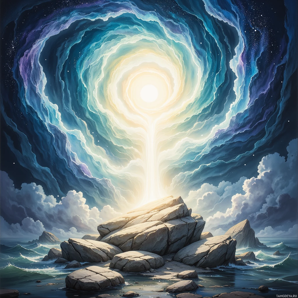 Безмятежный прибрежный пейзаж с каменистыми скалами и сияющим, неземным источником света в небе.