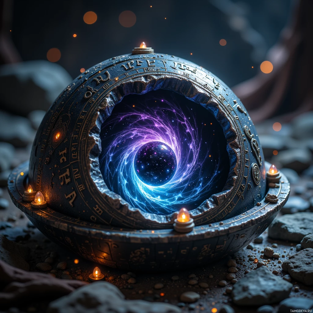 Мистический, древний артефакт с сияющим порталом и горящими свечами покоится на каменистой поверхности.