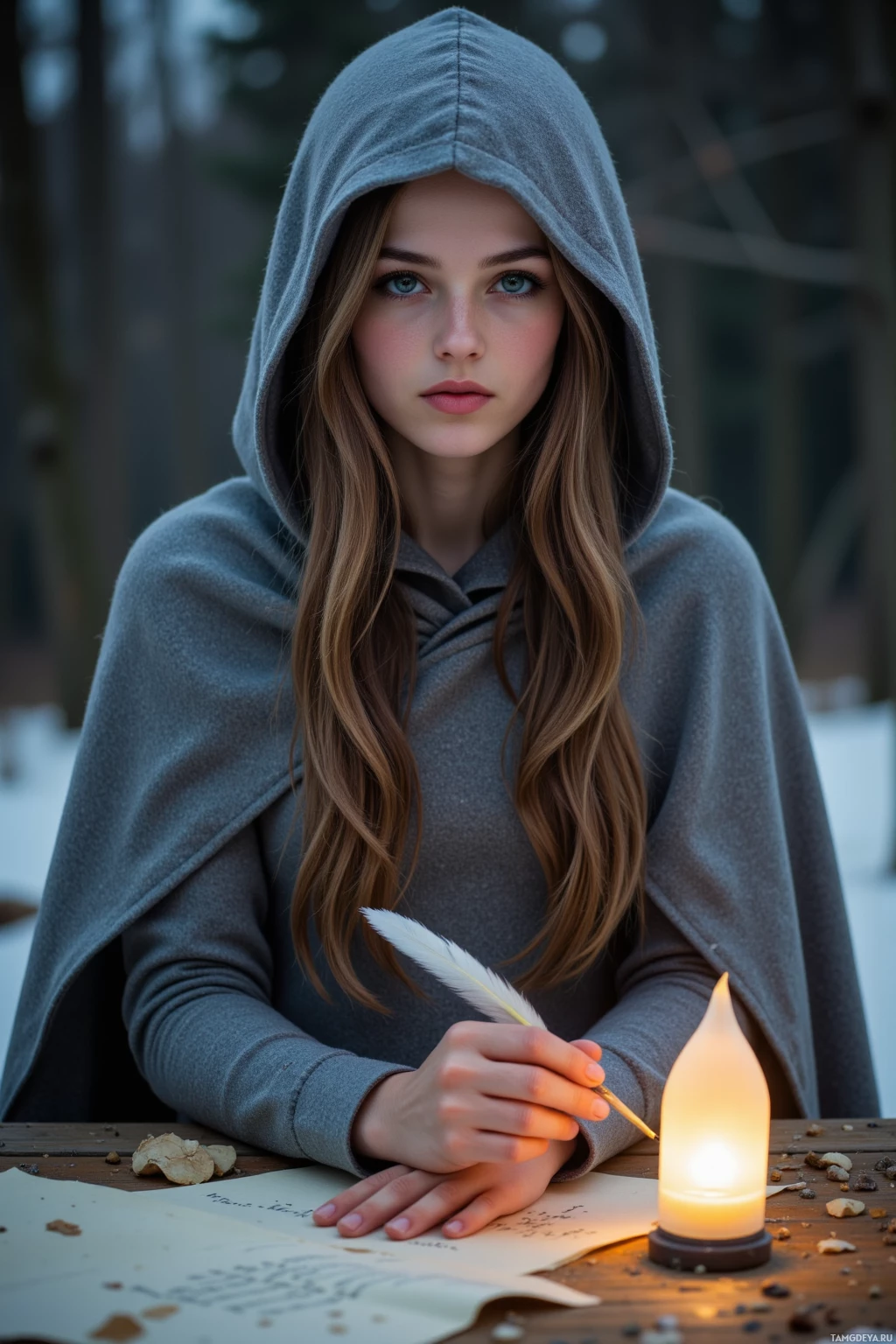 Человек в капюшоне сидит за столом, при свете горящей свечи, с пером в руке, словно пишет на бумаге.