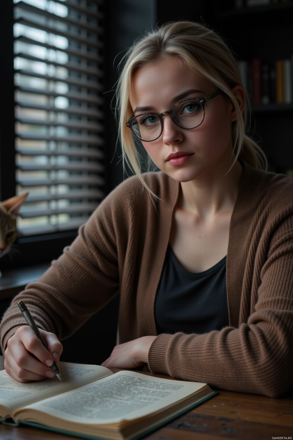 Человек в очках и коричнечном кардигане сидит за столом и что-то записывает в блокнот.