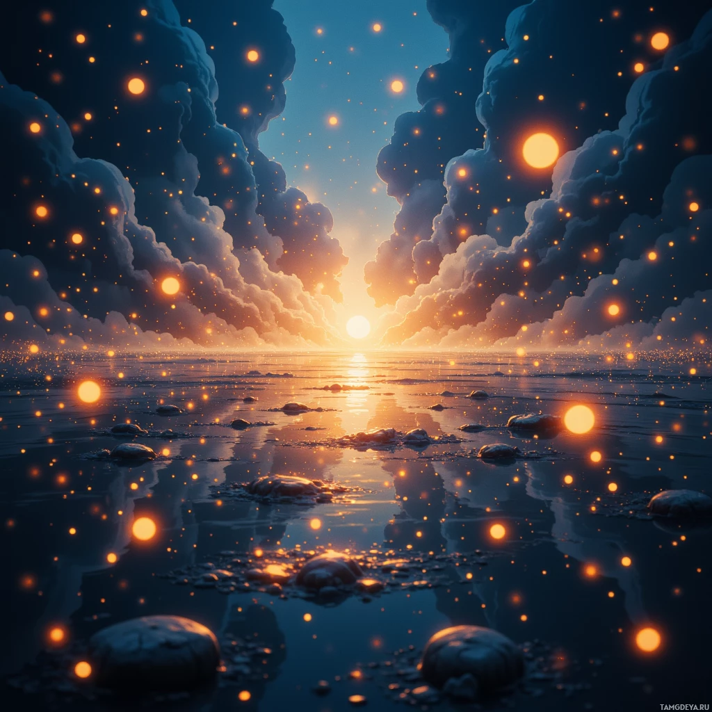 Безмятежная закатная сцена с сияющими сферами, парящими в небе и отражающимися в спокойной водной глади.
