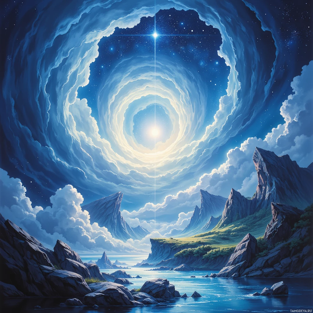 Безмятежный пейзаж с вихревым облаком в небе, скалистыми утесами и спокойной гладью воды.