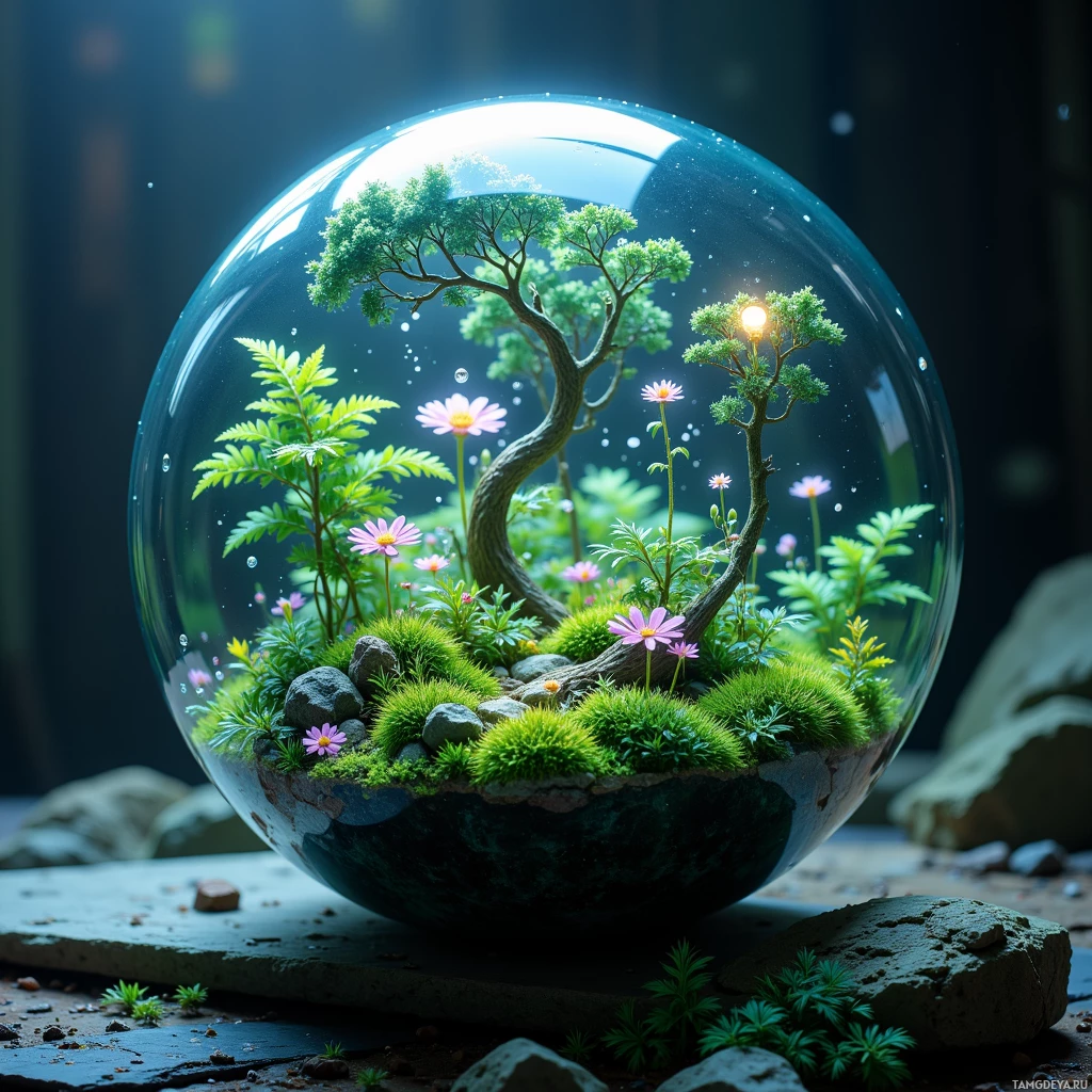 Стеклянный шар хранит миниатюрный сад с деревом, цветами и мхом.