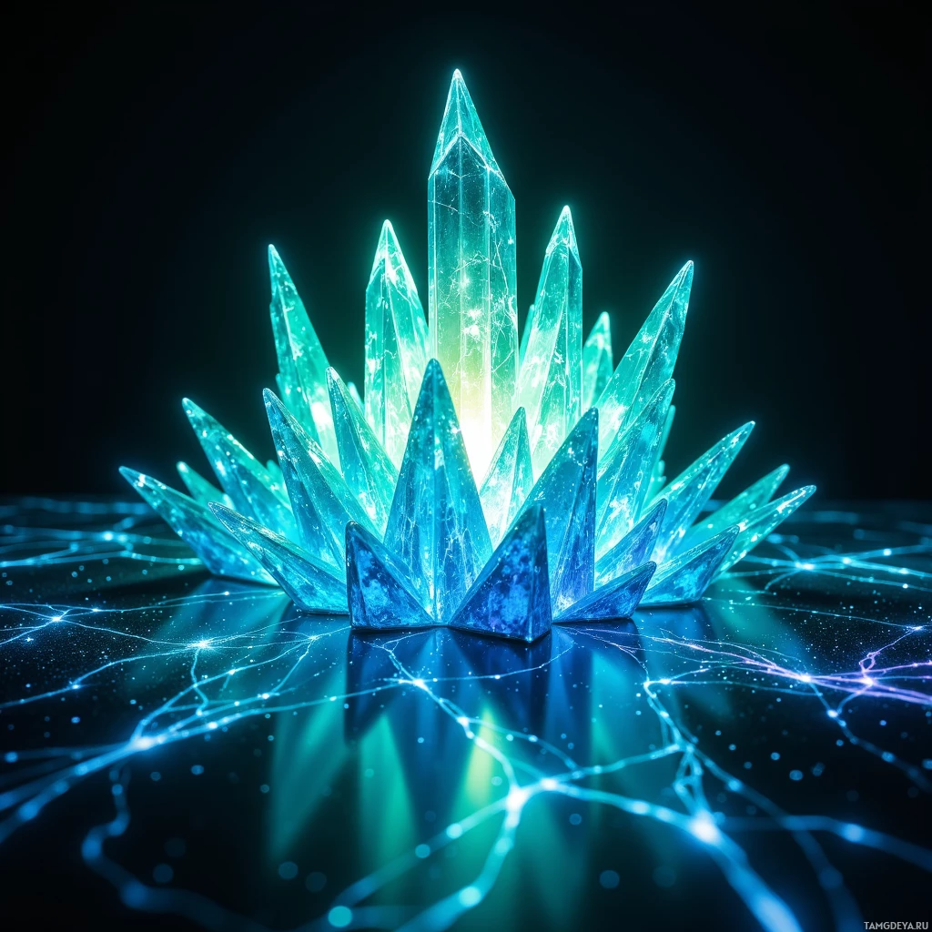 Светящаяся кристальная структура с острыми гранями и замысловатыми световыми узорами.