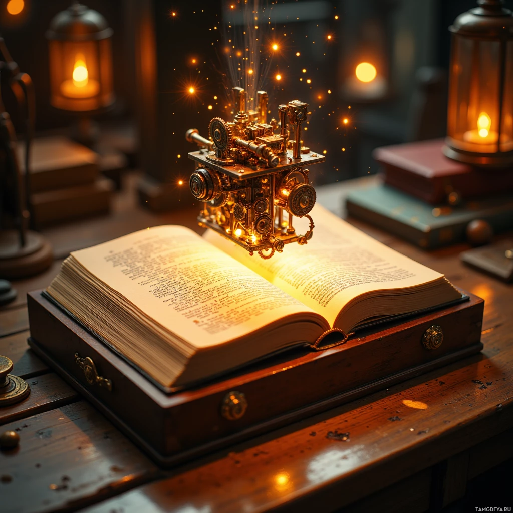 На деревянном столе лежит раскрытая книга, освещенная светящимся механическим устройством над ней.