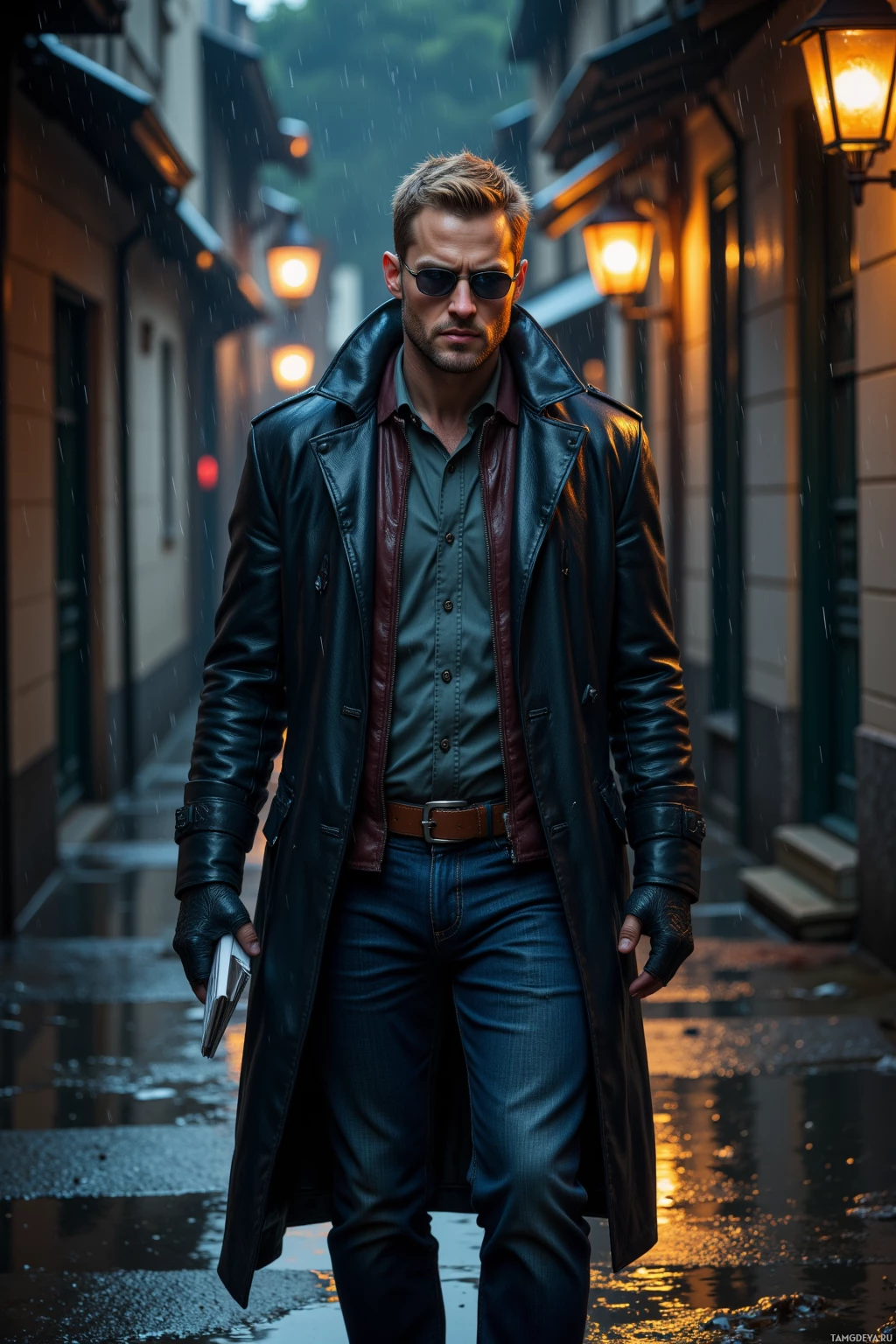 Мужчина в кожаном плаще и солнцезащитных очках стоит в дождливом переулке.