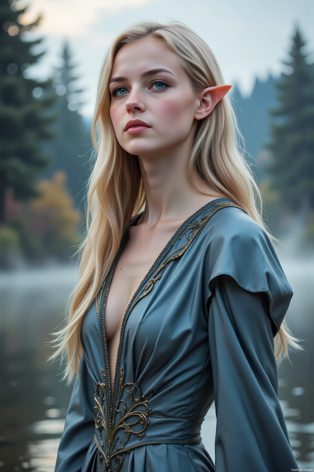 У воды стоит женщина с длинными светлыми волосами и заостренными ушами в бирюзовом платье с золотой вышивкой.