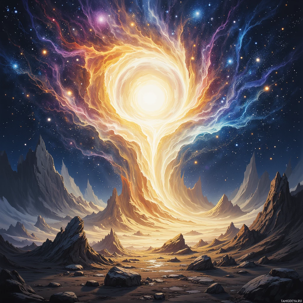 Яркая космическая сцена с закручивающейся галактикой, сияющим центральным светом и изрезанным горным ландшафтом внизу.