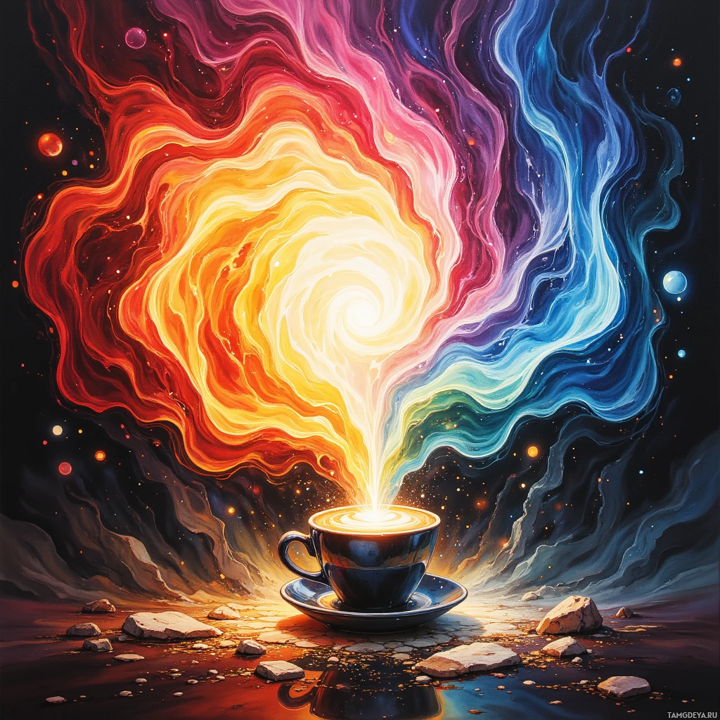 Яркая, космическая сцена с чашкой кофе, излучающей разноцветную, вибрирующую энергию на фоне звездного неба.