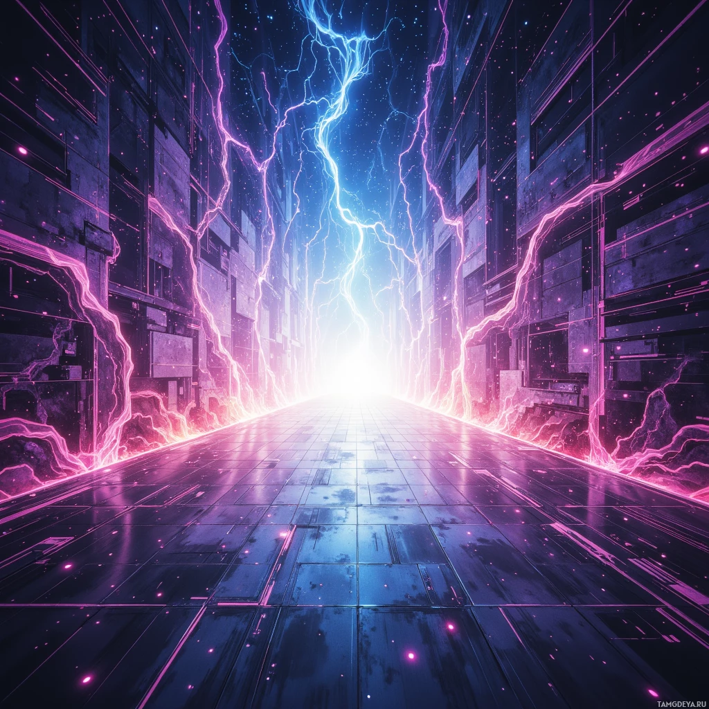 Футуристичный коридор с мерцающими разрядами молний и ярким светом в конце.