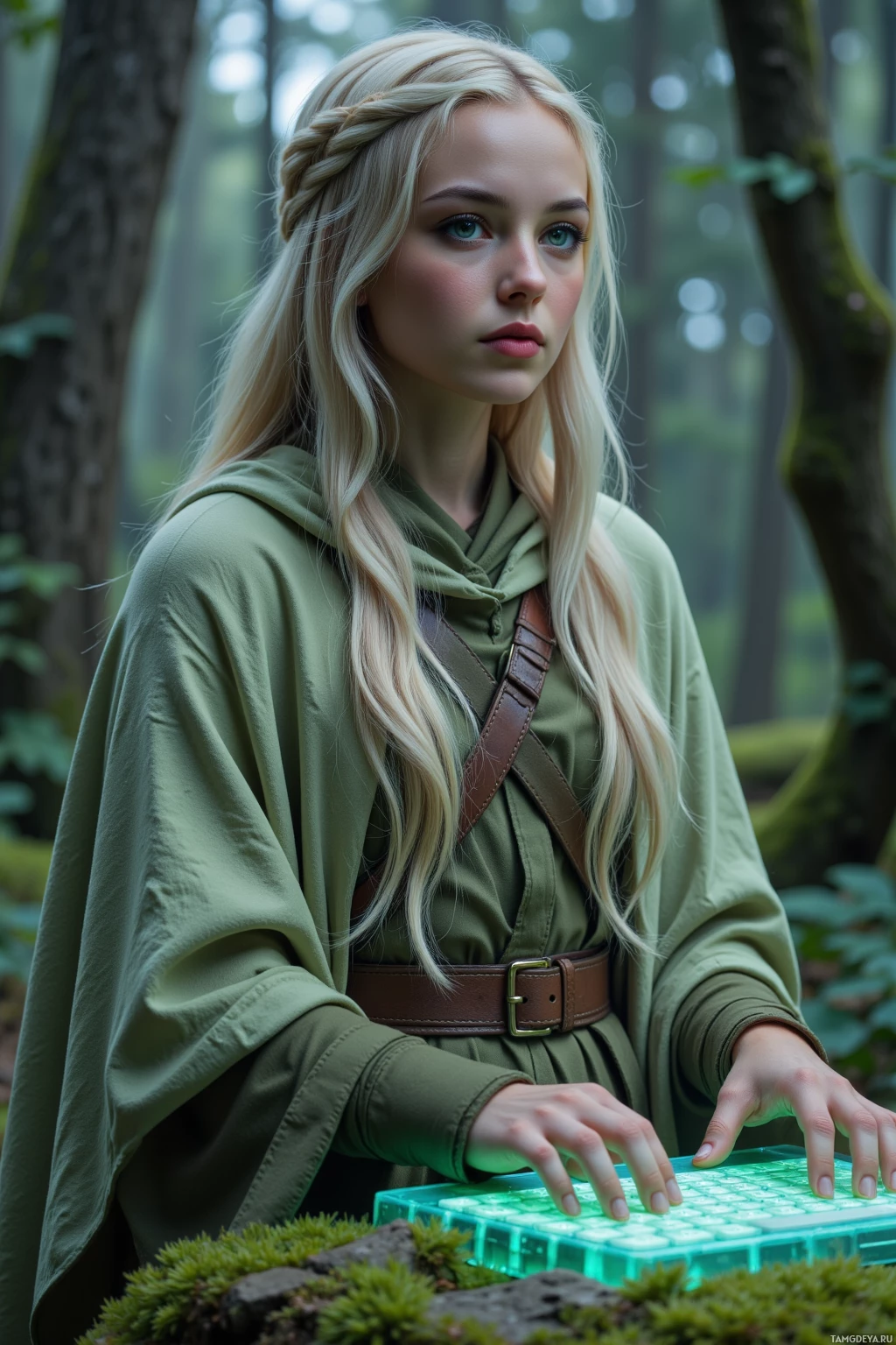 В лесу стоит человек в зеленом одеянии, печатающий на светящейся клавиатуре.
