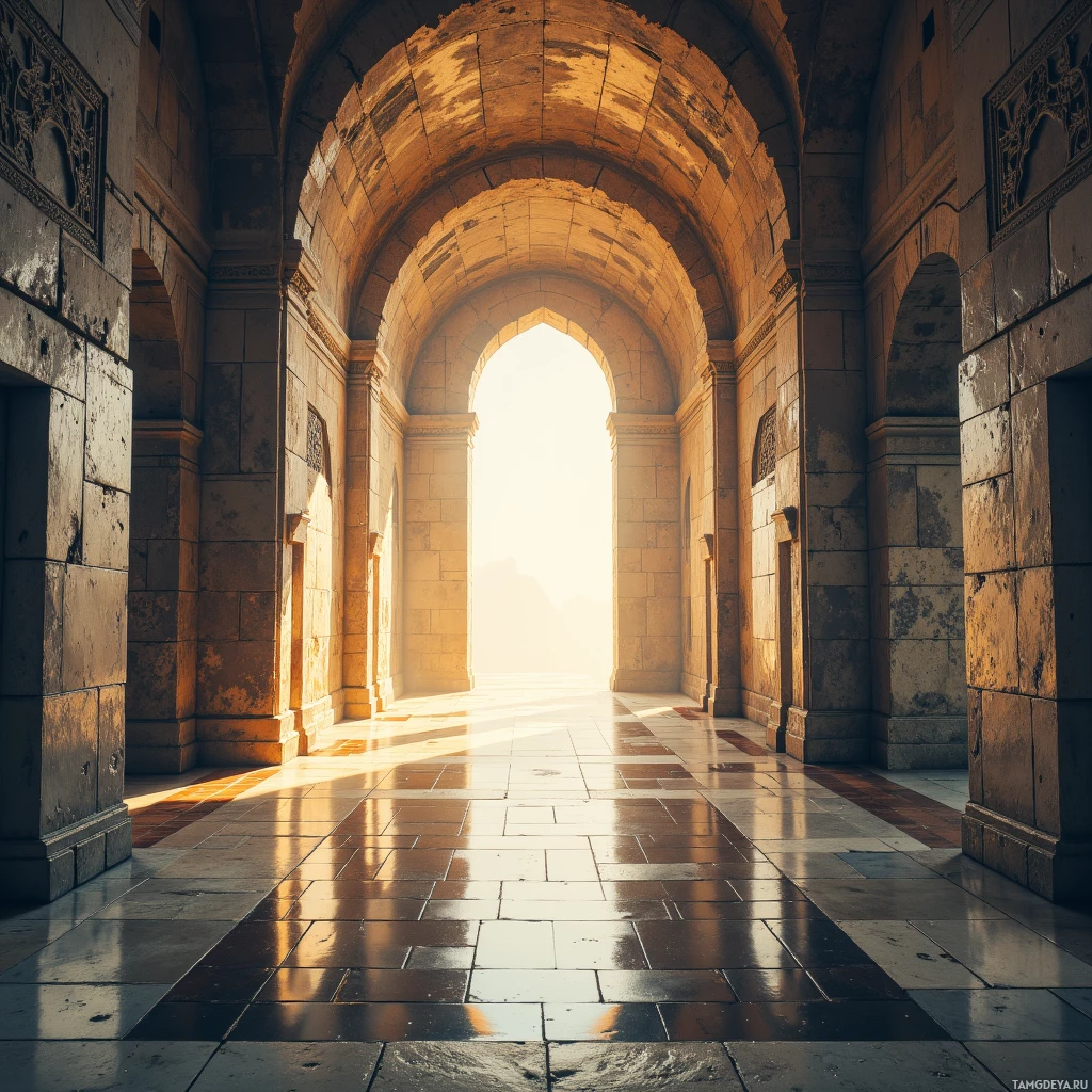 Солнечный коридор с арочными каменными стенами и кафельным полом, ведущий к залитому светом проёму.