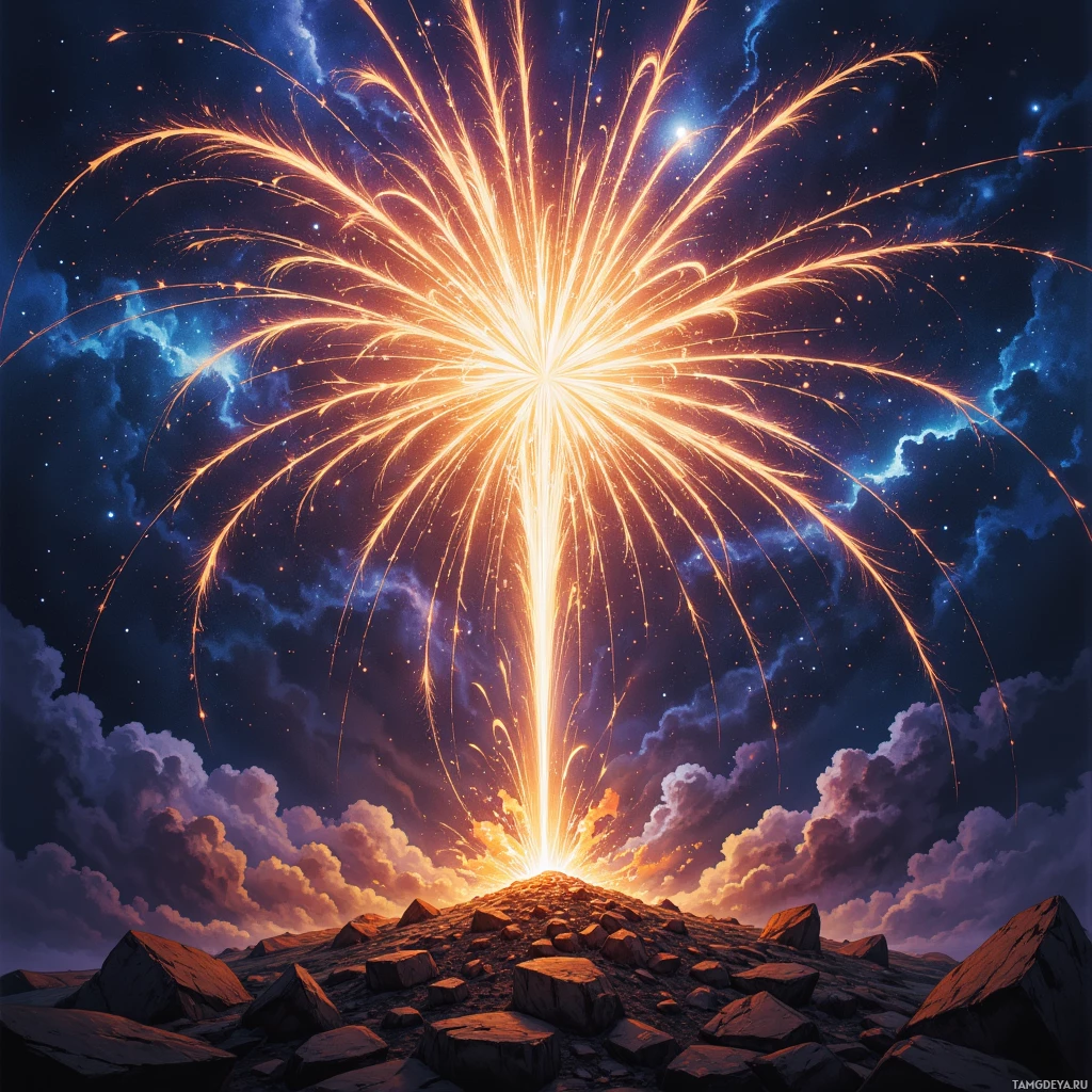 Яркая вспышка света и искр разгорается на фоне ночного звездного неба.