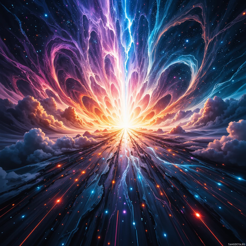 Яркая космическая сцена с завихряющимися туманностями, светящимися звездами и сияющими лучами света, сходящимися в центральной точке.