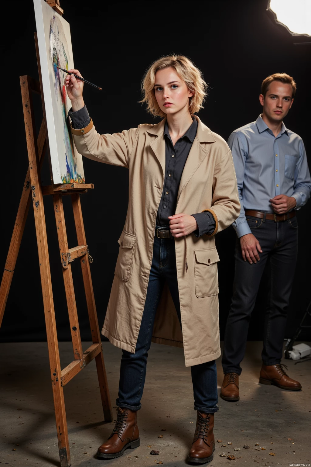 Женщина в тренчкоте стоит рядом с мольбертом, держа кисть в руке, а за ней стоит мужчина в рубашке и джинсах.