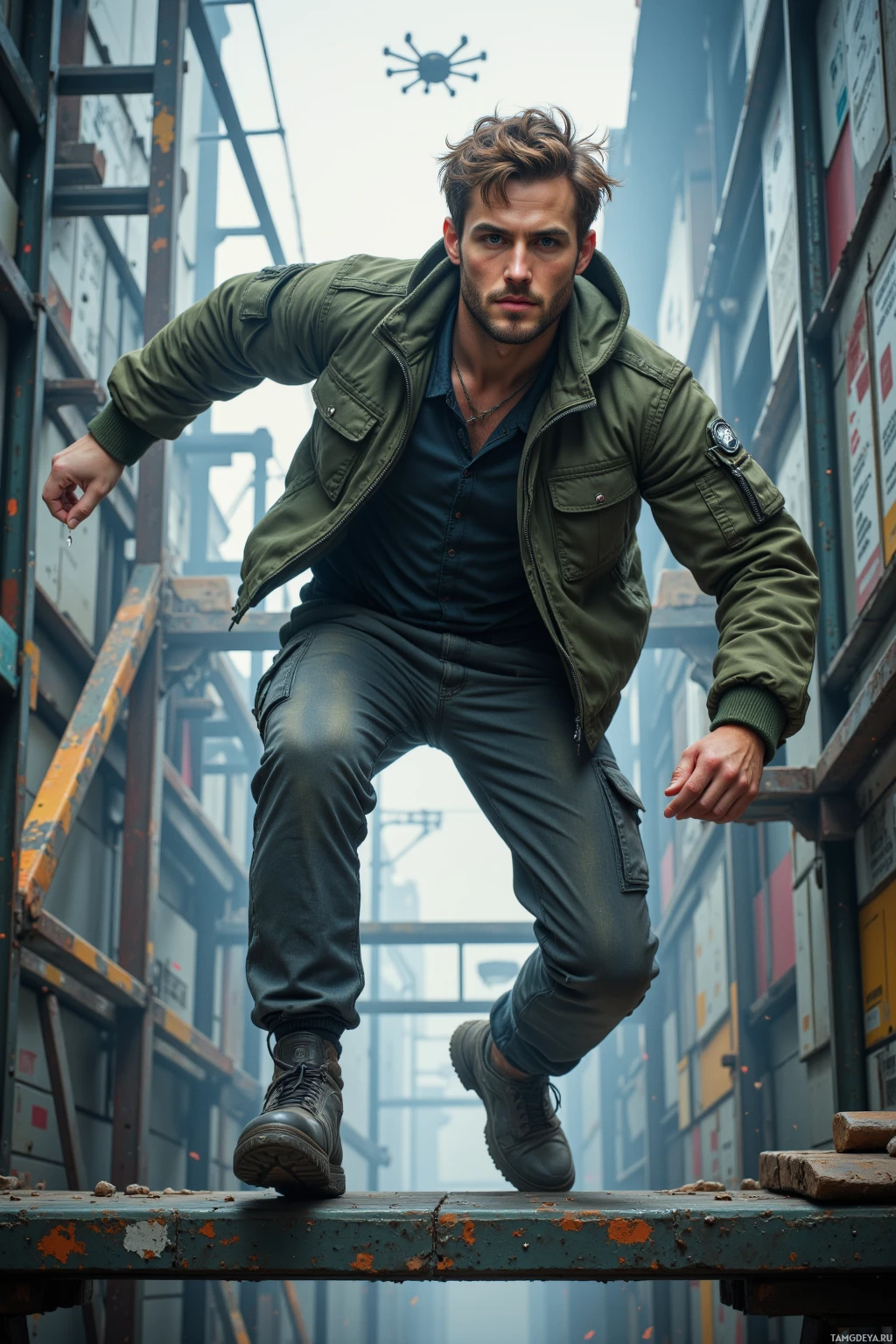 Мужчина в зеленой куртке и джинсах стоит на платформе на фоне промышленного пейзажа.