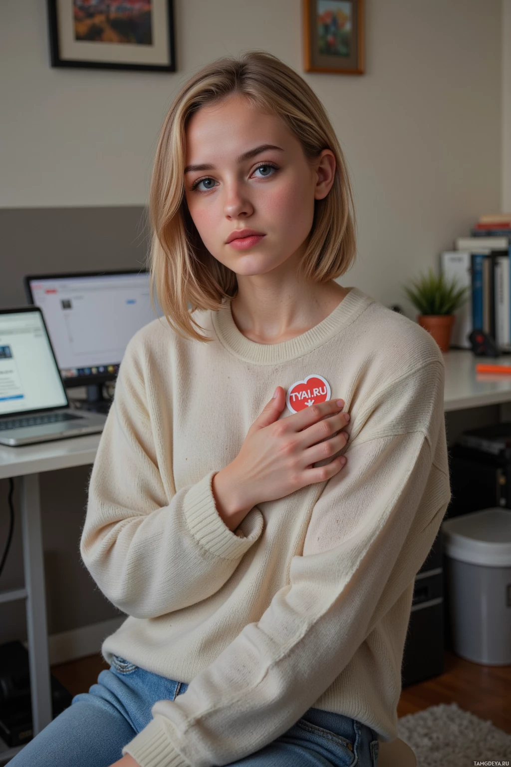 Человек в кремовом свитере и джинсах сидит в комнате с рабочим столом и компьютером.