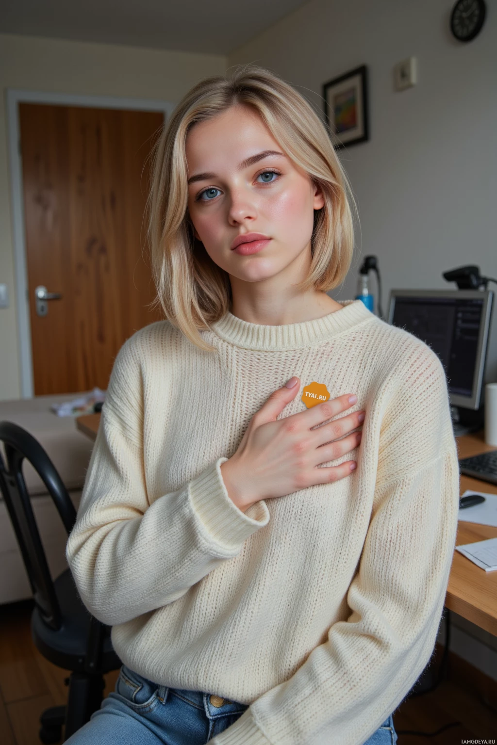 Человек в кремовом свитере и джинсах, с небольшим значком на свитере, сидит в офисе.