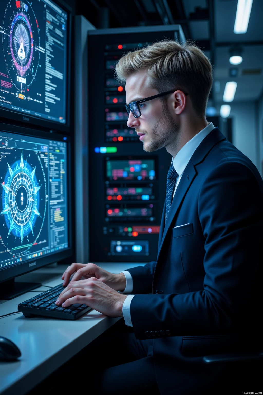 Мужчина в костюме работает за компьютером в полутемной комнате, где на нескольких мониторах отображаются сложные данные.