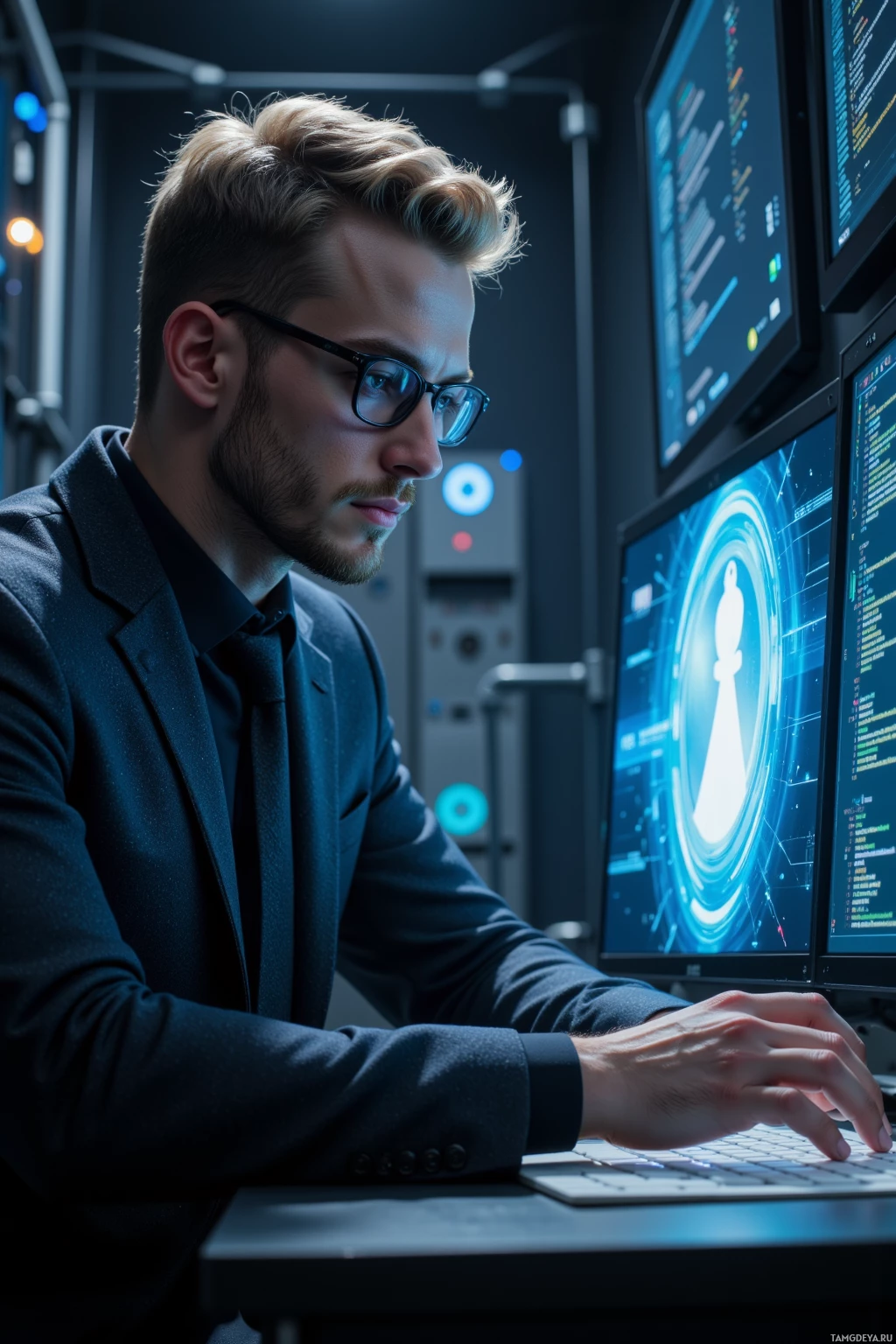 Мужчина в костюме и очках работает за компьютером в полумраке.