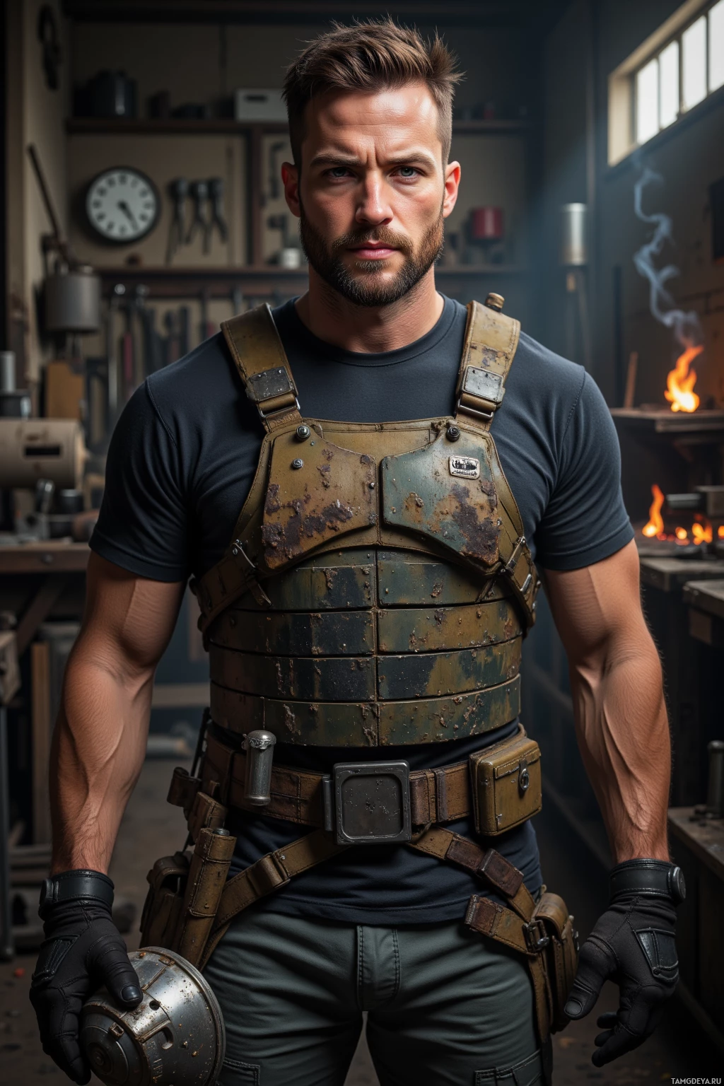 Мускулистый мужчина в рабочей мастерской, одетый в прочный жилет и перчатки, стоит уверенно.