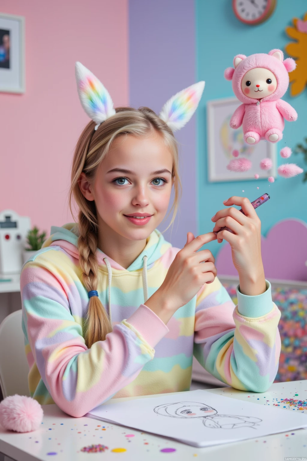 Девочка в светлой толстовке улыбается, раскрашивая рисунок за столом.