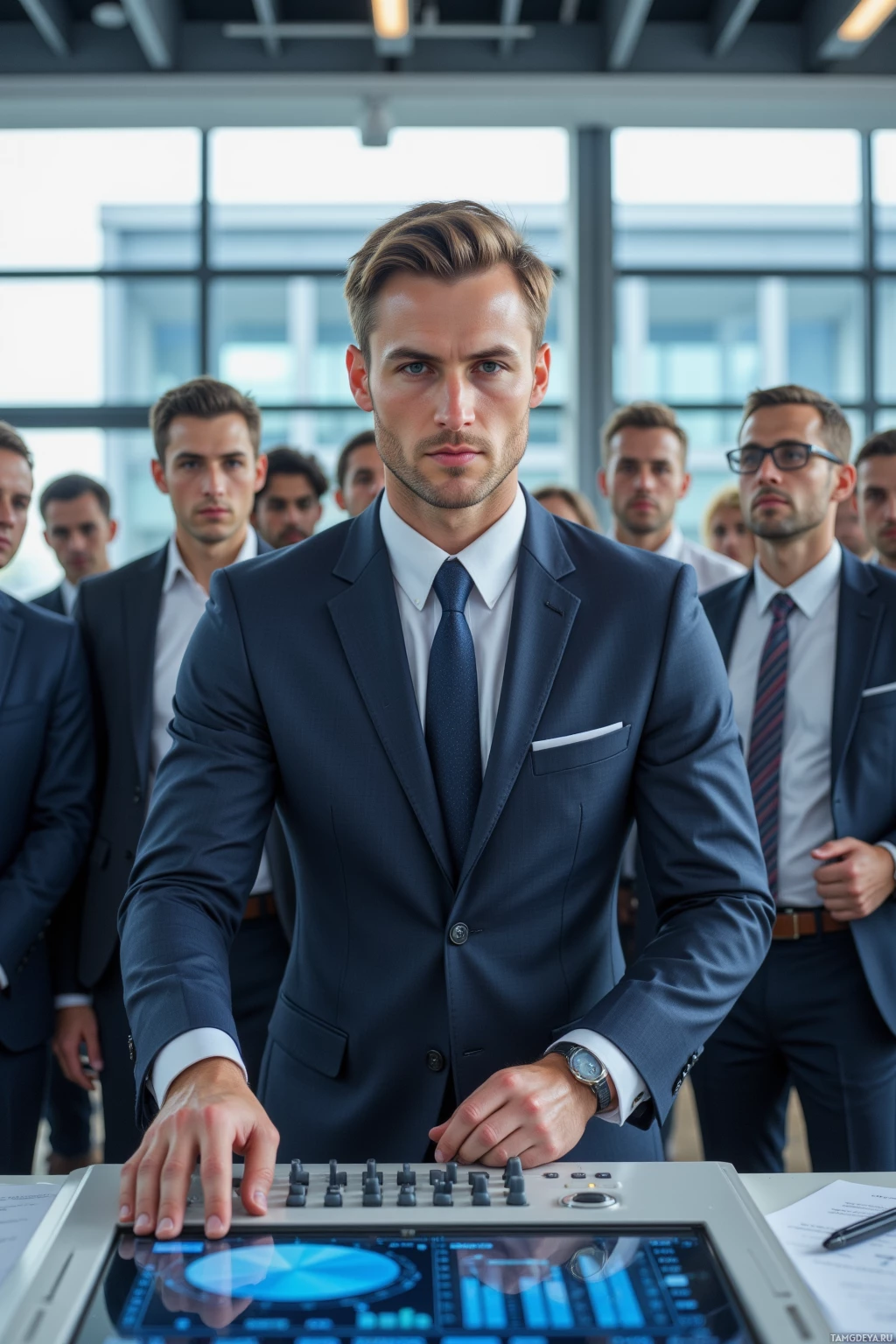 Мужчина в костюме стоит перед группой людей, одетых похоже, с современным цифровым устройством перед собой.